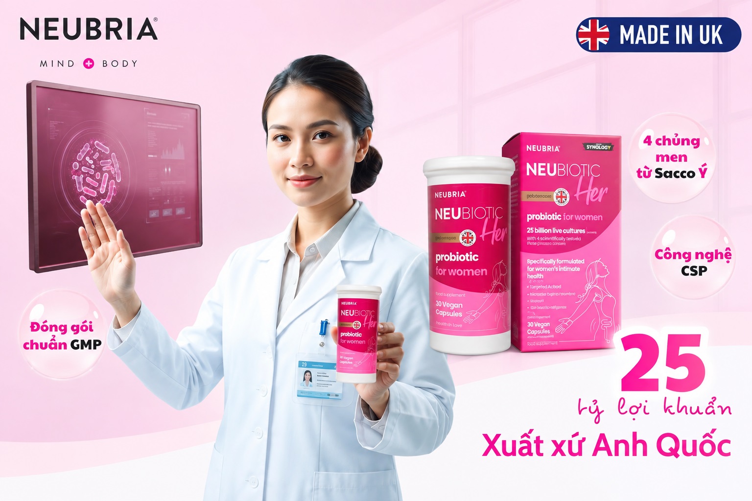 NeuBiotic Neu Her. Men vi sinh cao cấp cho phái đẹp, xuất xứ Anh Quốc, công nghệ bảo vệ lợi khuẩn hiện đại, 4 chủng lợi khuẩn.